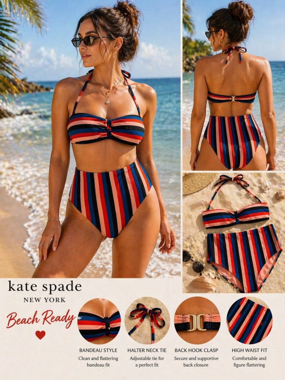 kate spade Striped Bandeau Bikini in Navy, Red, Black and Cream